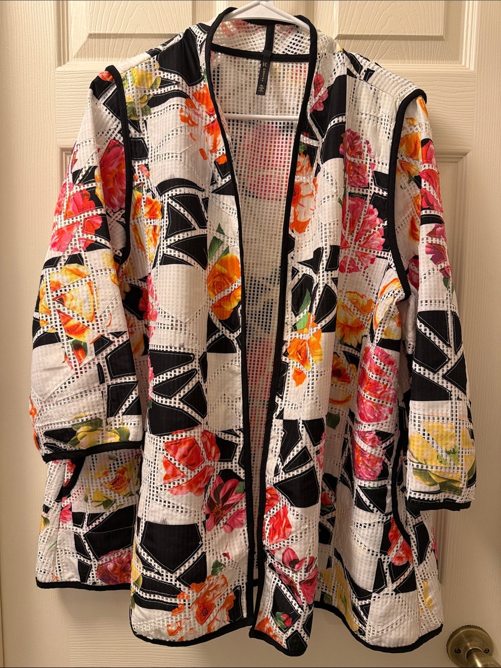 IC by Connie K Mesh Kimono Jacket XL Mixed Floral Geometric Art To Wear USA Made